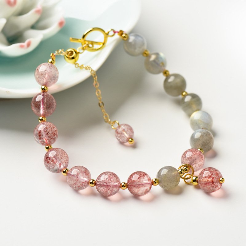 Natural Strawberry Quartz Bracelet with 14K Gold Accents