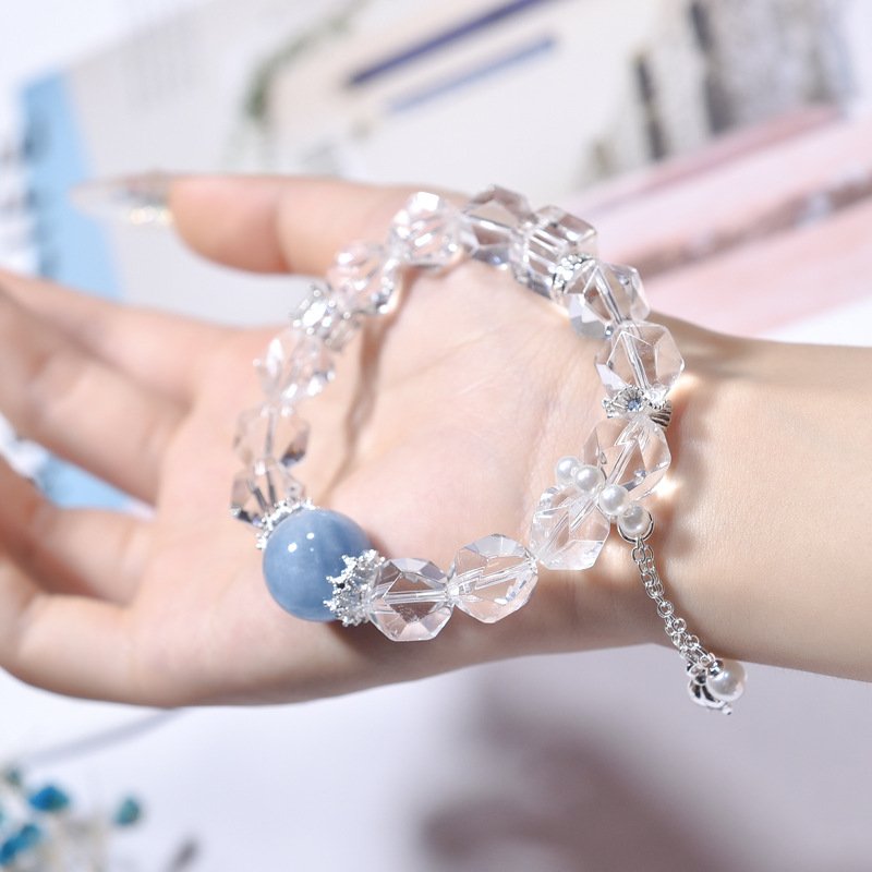 Natural White Crystal Faceted Bracelet with Aquamarine Accents