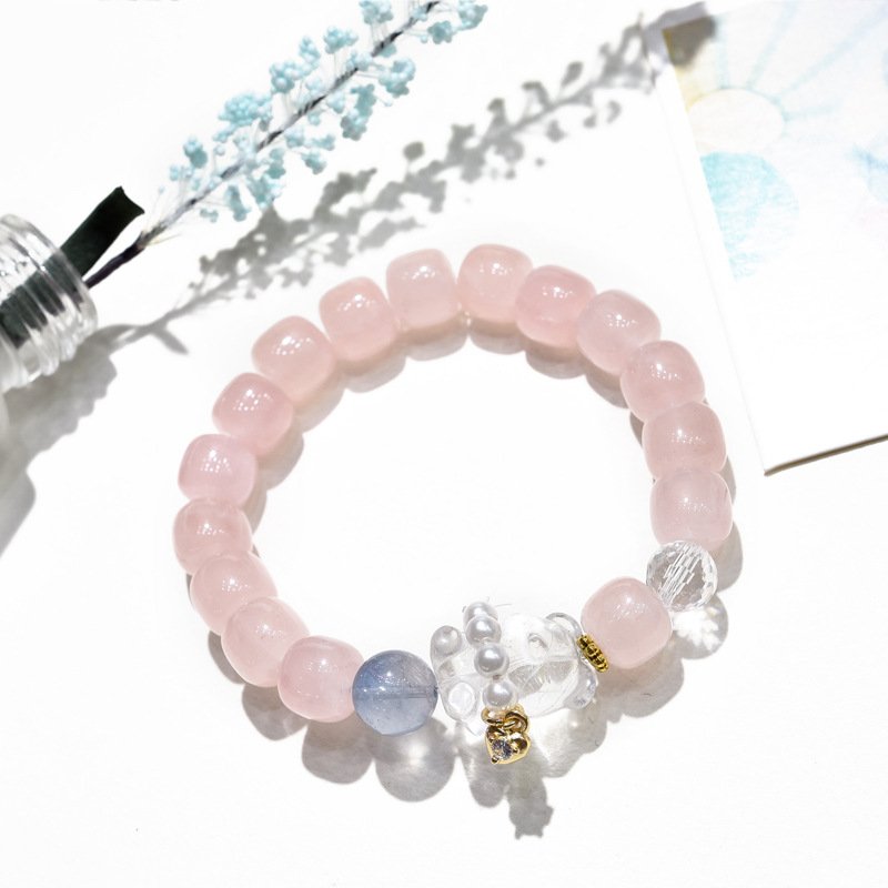 Natural Pink Quartz Bracelet with White Crystal Bear