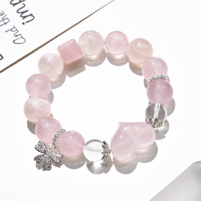 Natural Pink Quartz Heart Butterfly Bracelet with Love