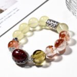 Natural Yellow Quartz Bracelet with Red Flower Accents