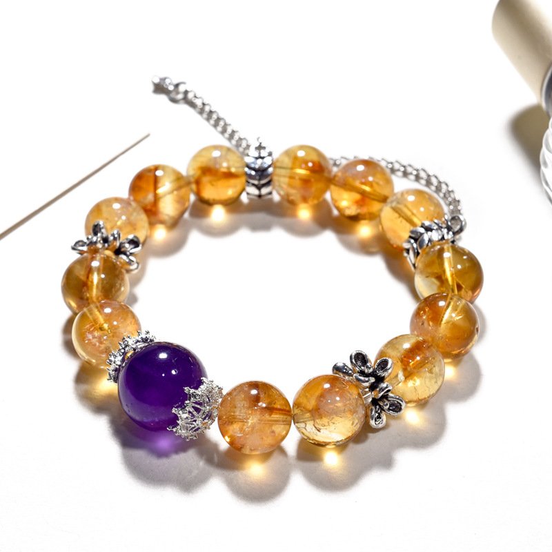 Yellow Aasai Crystal Bracelet with Yellow Quartz Beads, Color-Protected Alloy, Natural Purple Quartz