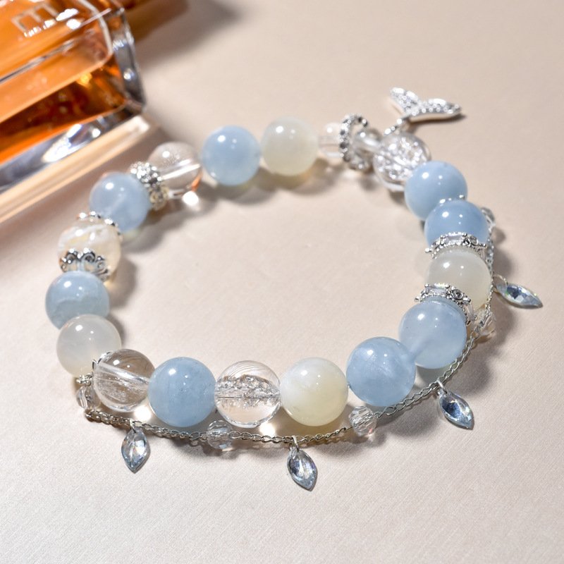 Aquamarine Bracelet with White Moonstone – Delicate Fish Tail Pendant, Luxe and Unique Design for Women