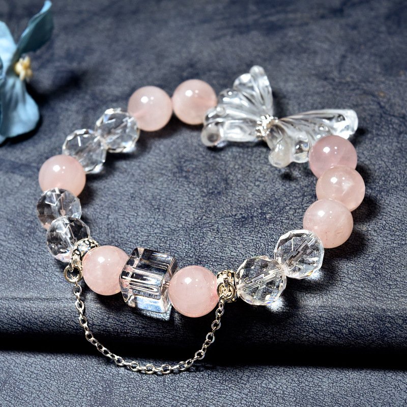 “Natural Pink Quartz Butterfly Bracelet – Creative Crystal Design with White Quartz Wings”