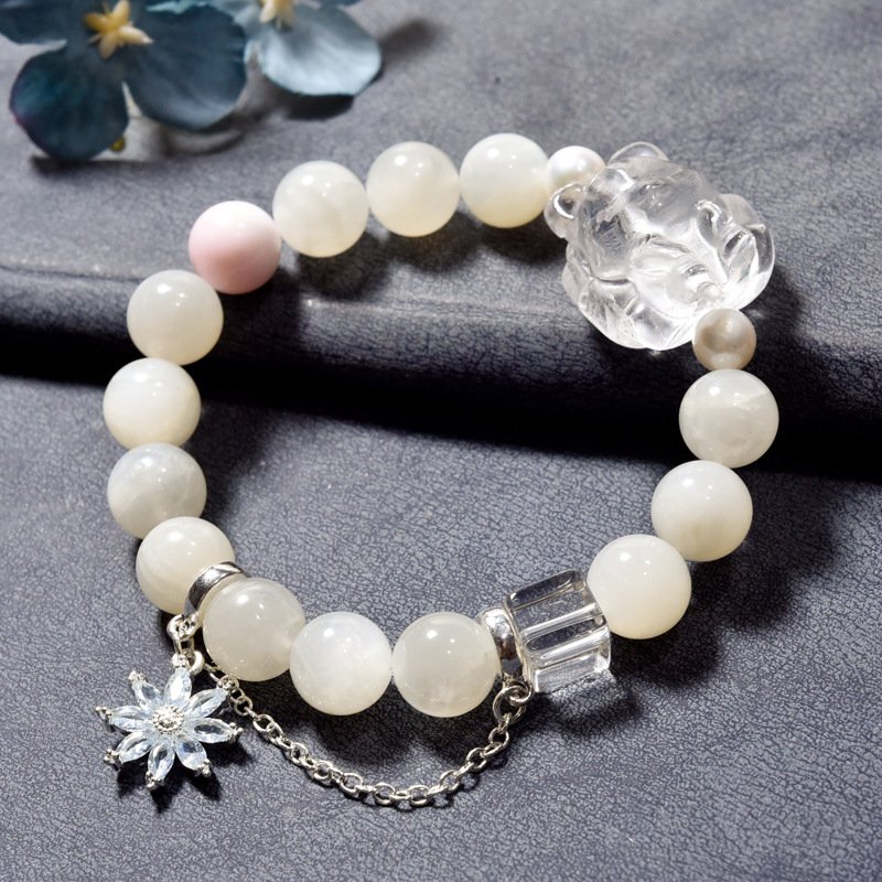 Natural White Moonstone and Clear Quartz Fox Bracelet – Unique and Elegant Design