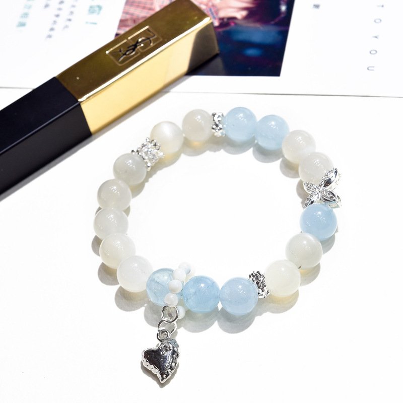 Natural White Moonstone and Aquamarine Heart Bracelet – Unique and Elegant