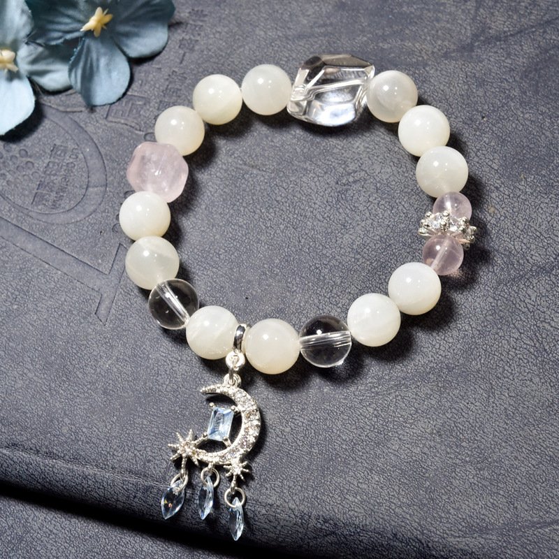 Natural White Moonstone Bracelet with White Quartz and Micro-Paved Moon Pendant