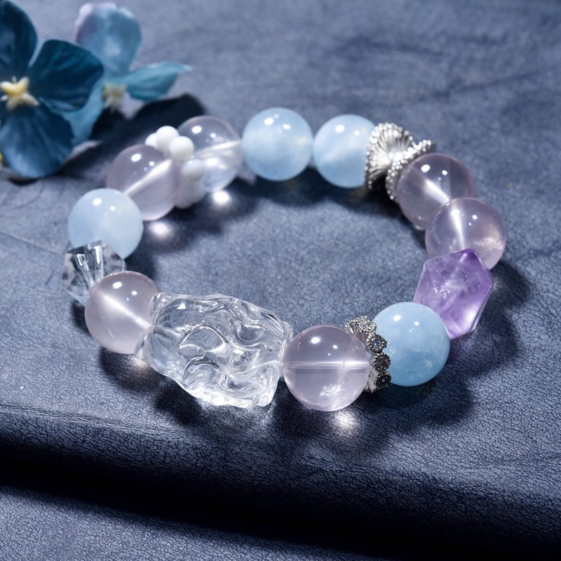 Natural White Crystal Fox Fairy Bracelet with Aquamarine and Rose Quartz – Cartoon Style