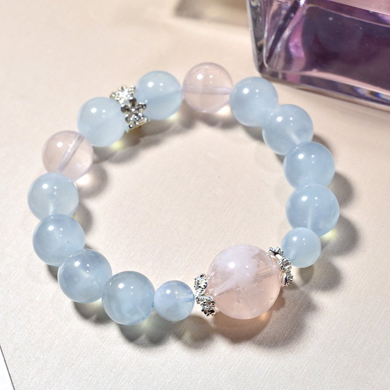 Natural Aquamarine Crystal Bracelet with Snowflake Ghost Beads – Elegant and Sweet