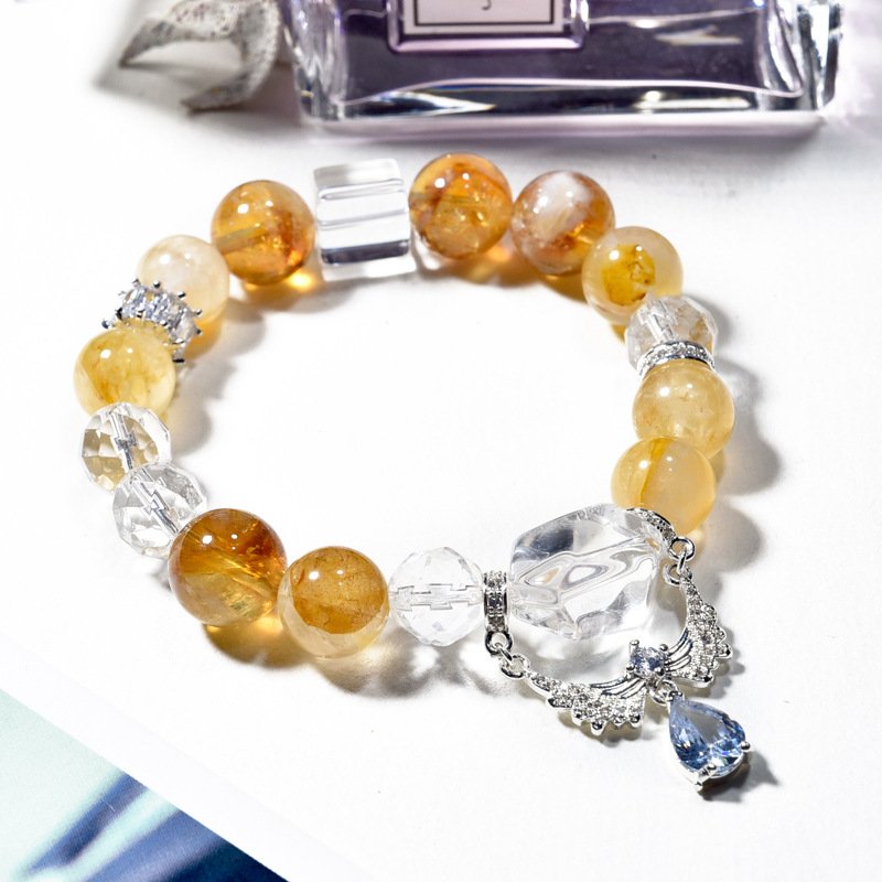 Natural Yellow Asai Bracelet: Angel Wings & Yellow Resin Flower with White Crystal