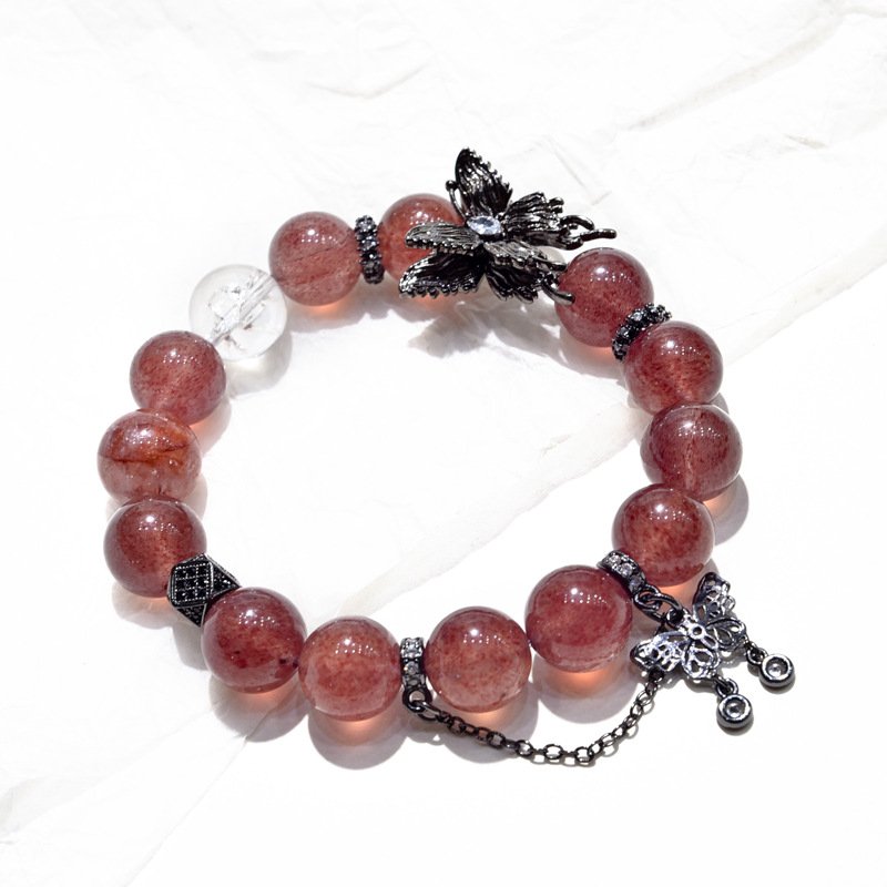 Natural Strawberry Quartz Bracelet – Butterfly Charm Design