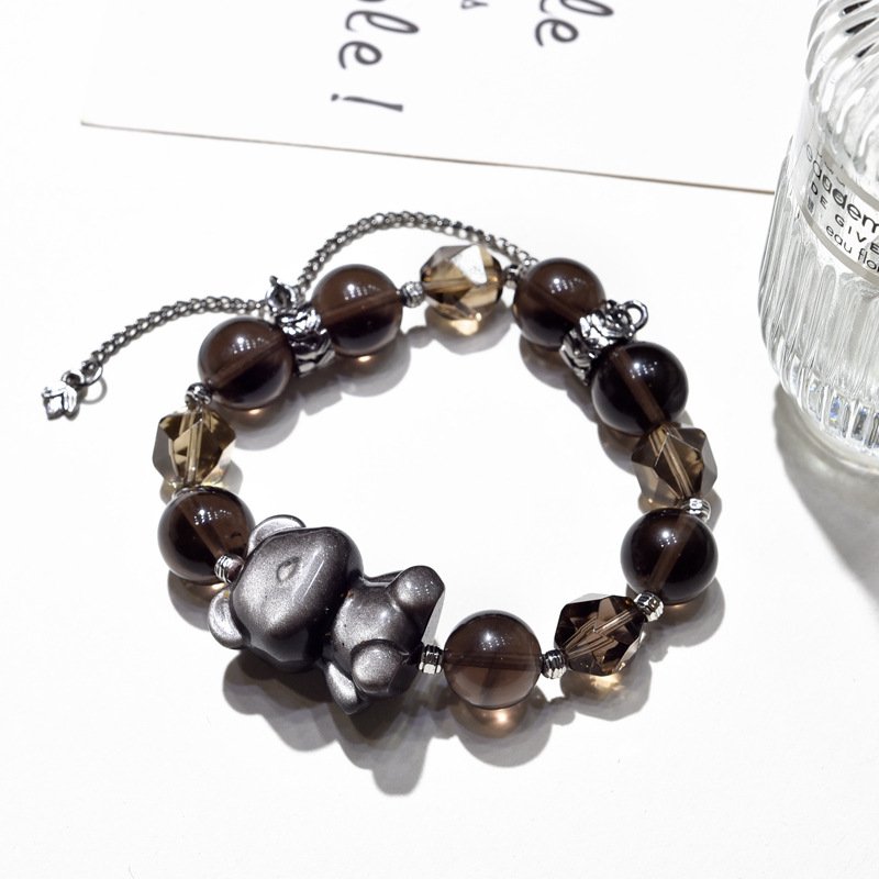 Tea Quartz & Silver Obsidian Bear Bracelet