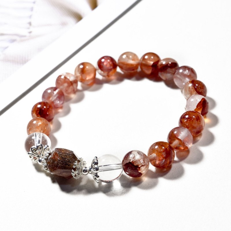 Natural Red Flower Quartz and Black Gold Tourmaline Bracelet