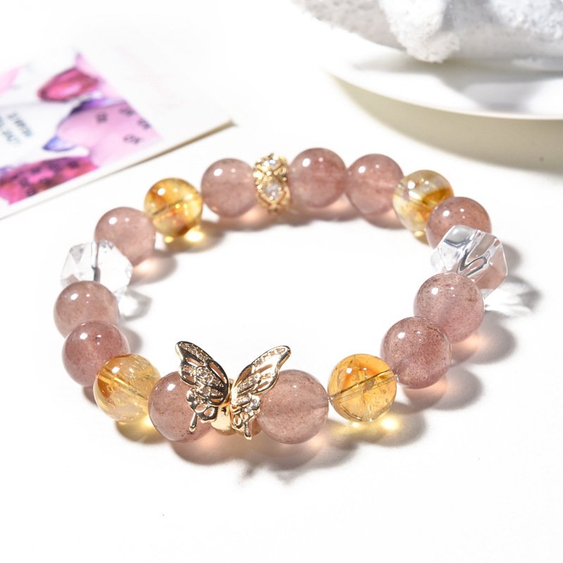 Natural Strawberry Quartz and Yellow Assay Butterfly Design Bracelet