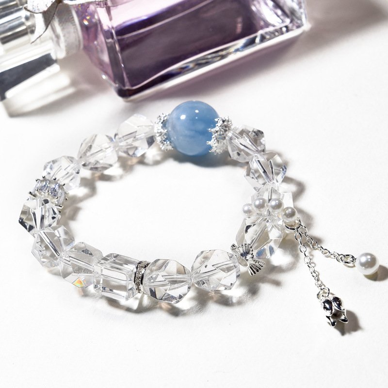 Natural White Crystal Faceted Bracelet with Aquamarine Accents