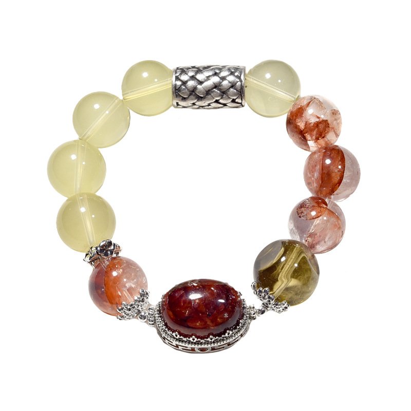 Natural Yellow Quartz Bracelet with Red Flower Accents