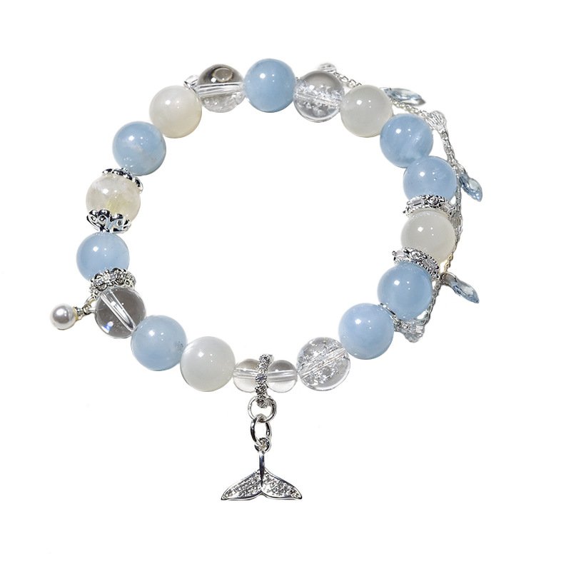 Aquamarine Bracelet with White Moonstone – Delicate Fish Tail Pendant, Luxe and Unique Design for Women