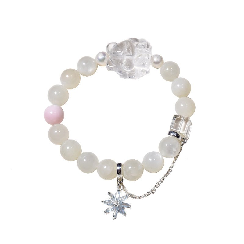 Natural White Moonstone and Clear Quartz Fox Bracelet – Unique and Elegant Design