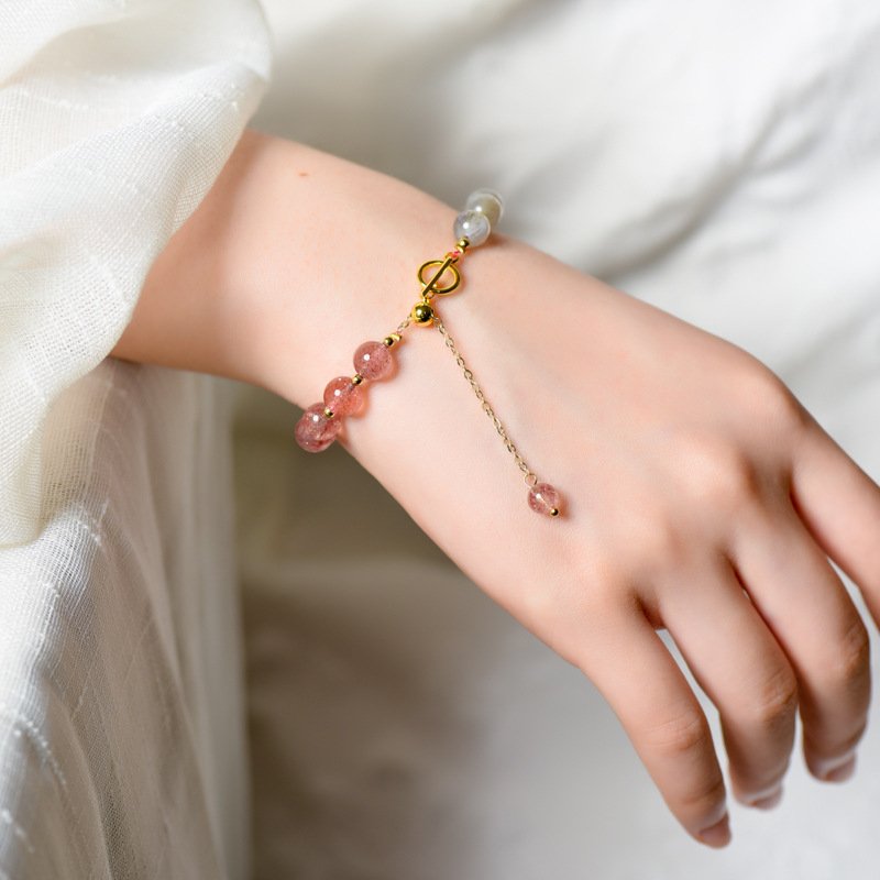 Natural Strawberry Quartz Bracelet with 14K Gold Accents