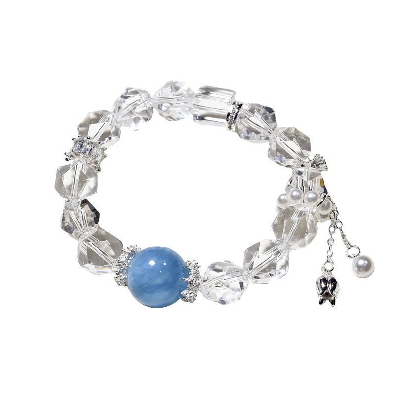 Natural White Crystal Faceted Bracelet with Aquamarine Accents