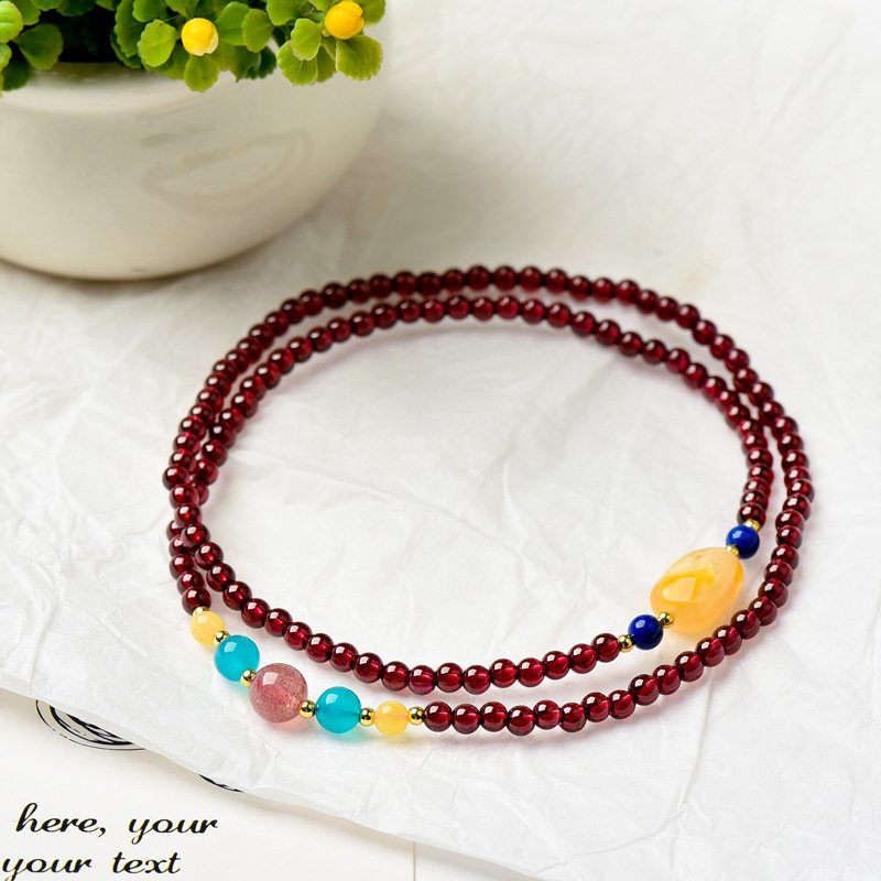 Triple Strand Garnet Crystal Bracelet with Amber