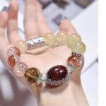 Natural Yellow Quartz Bracelet with Red Flower Accents