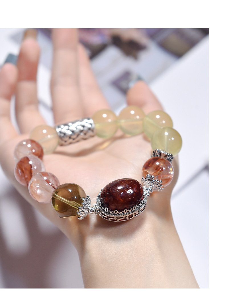 Natural Yellow Quartz Bracelet with Red Flower Accents