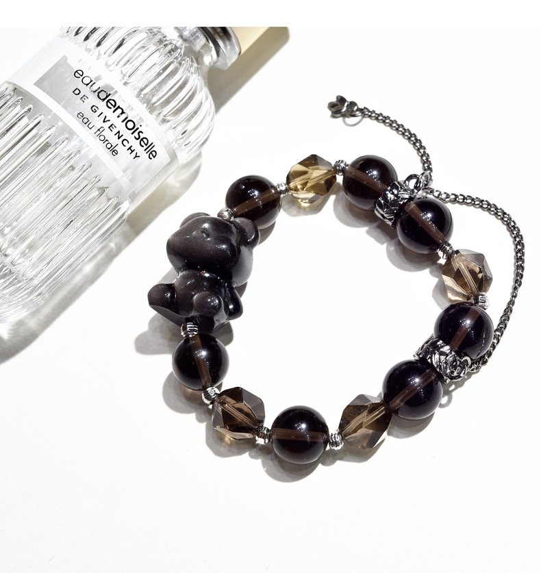 Tea Quartz & Silver Obsidian Bear Bracelet