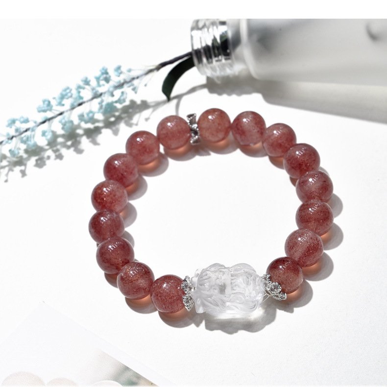 Natural Strawberry Quartz and White Crystal Little Dragon Girl Bracelet