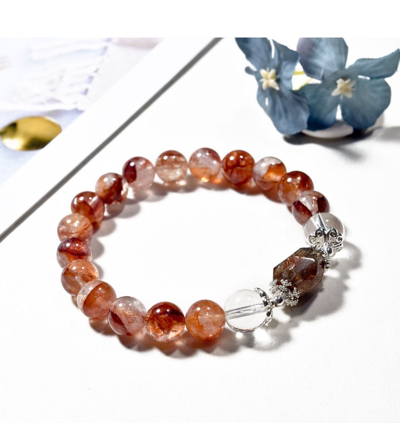 Natural Red Flower Quartz and Black Gold Tourmaline Bracelet