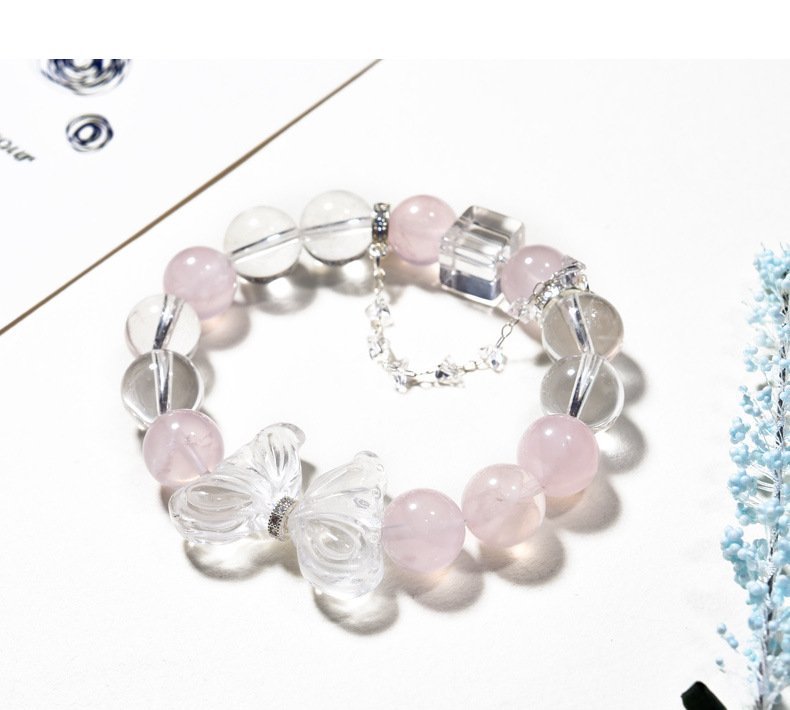 Natural Pink Quartz and White Quartz Bracelet with Butterfly Elements