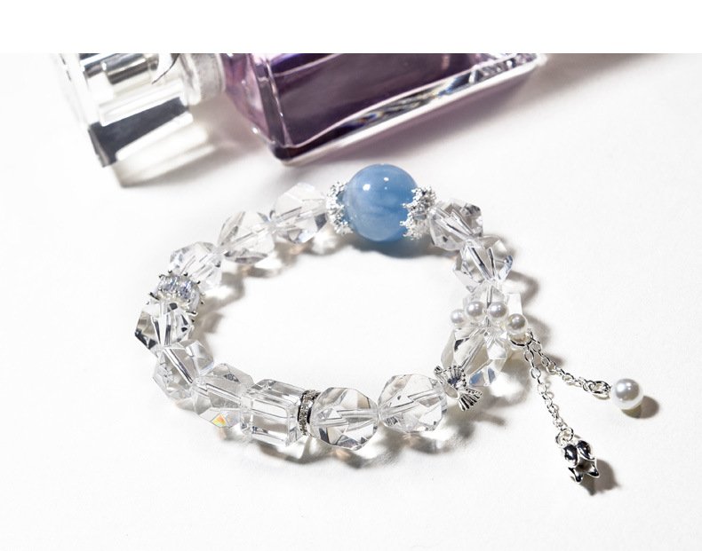 Natural White Crystal Faceted Bracelet with Aquamarine Accents